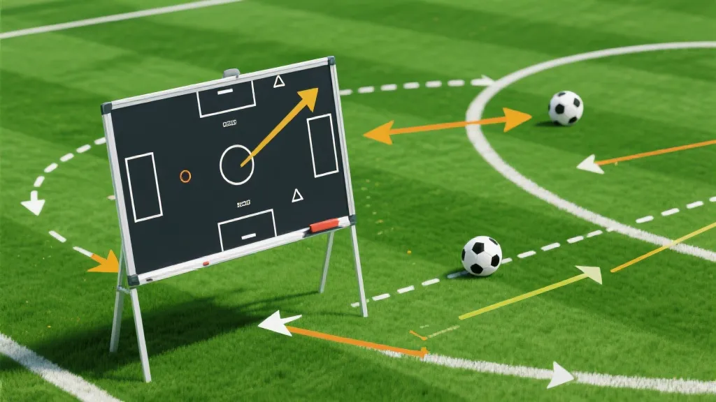 战术板上画着进攻跑位线路，聚光灯下的世界杯赛场氛围，强调速度与配合
