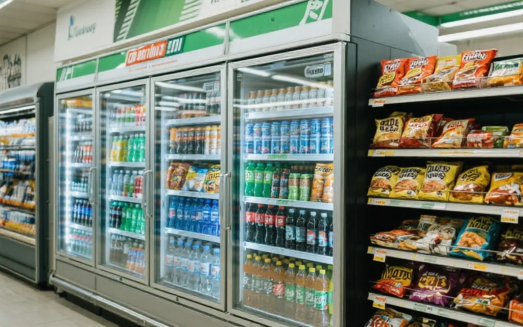 超市冷柜与便利店陈列的饮料，旁边有观赛零食与小屏幕播放比赛高光的生活化场景